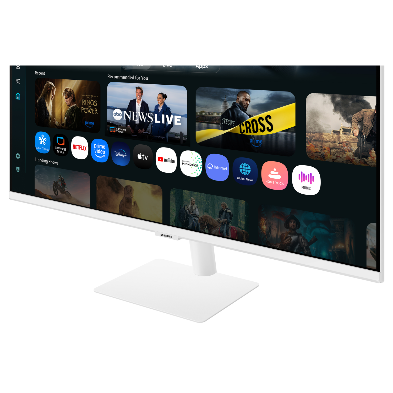 Een witte Samsung-monitor toont een interface met app-pictogrammen en video-miniaturen. Het scherm toont verschillende streamingdiensten en apps.
