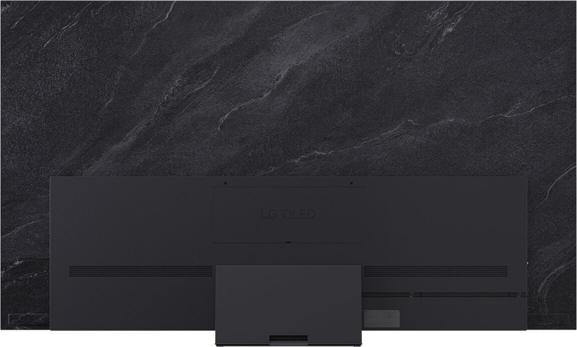 Rückseite eines schwarzen LG OLED-Fernsehers auf dunkler Marmoroberfläche. Unten ist ein schwarzer Kasten.