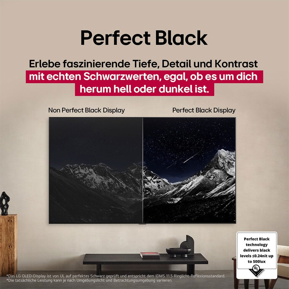 Das Bild zeigt einen Vergleich von Displays, 'Non Perfect Black' und 'Perfect Black', mit Text, der die Vorteile der Perfect-Black-Technologie angibt.