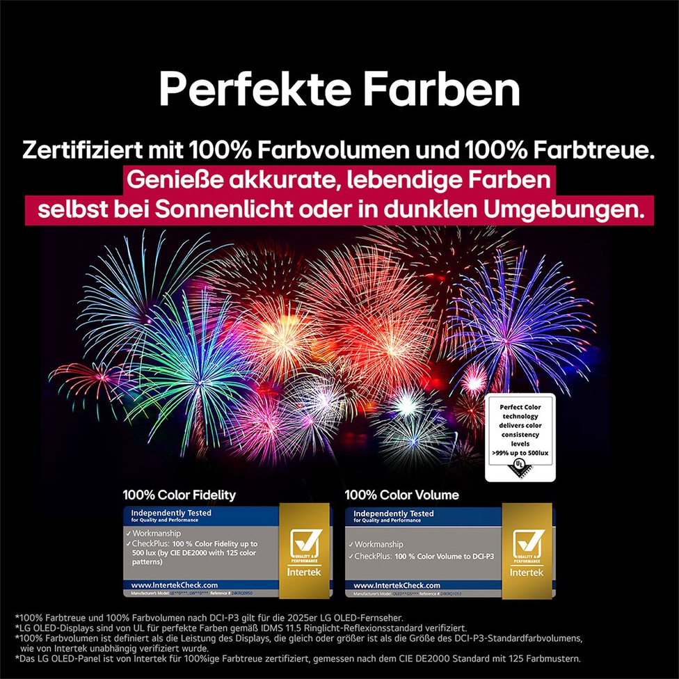Feuerwerk in verschiedenen Farben erhellt den Nachthimmel, mit Text über Farbtreue, Volumen und Zertifizierungen.