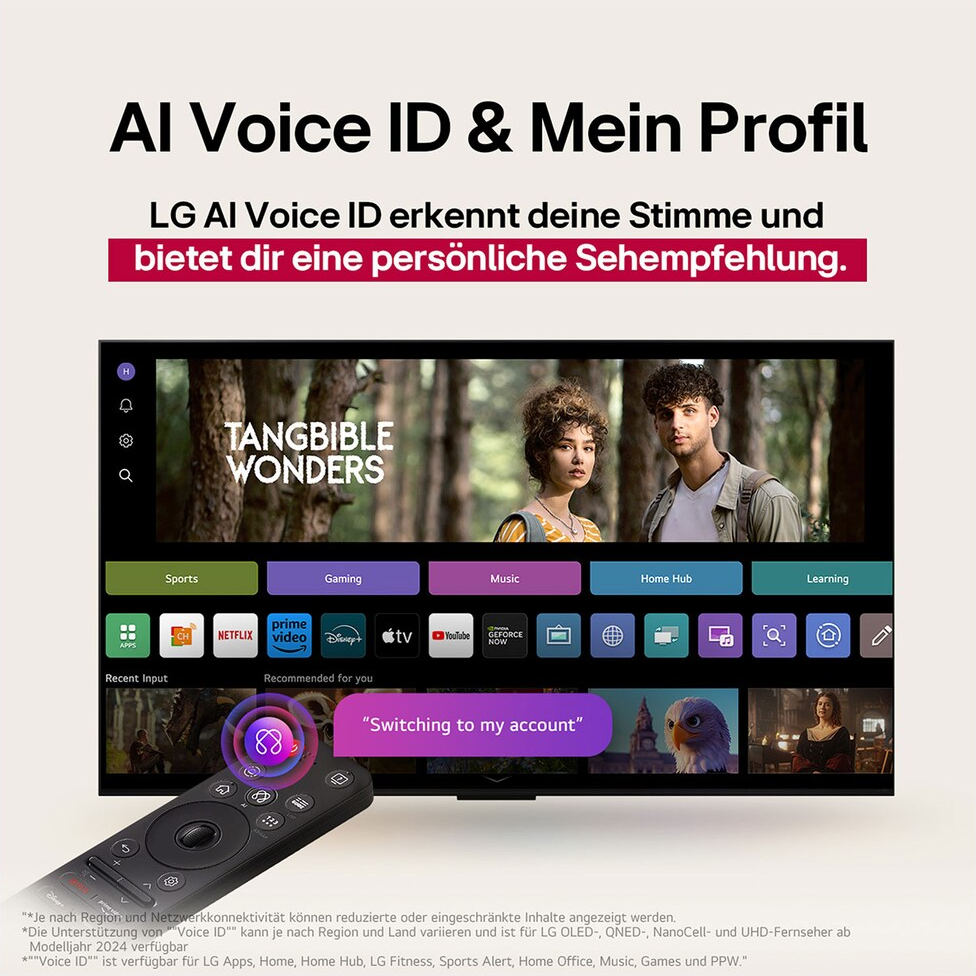 LG TV mit AI Voice ID. Eine Fernbedienung im Vordergrund. Der Bildschirm zeigt verschiedene Apps.