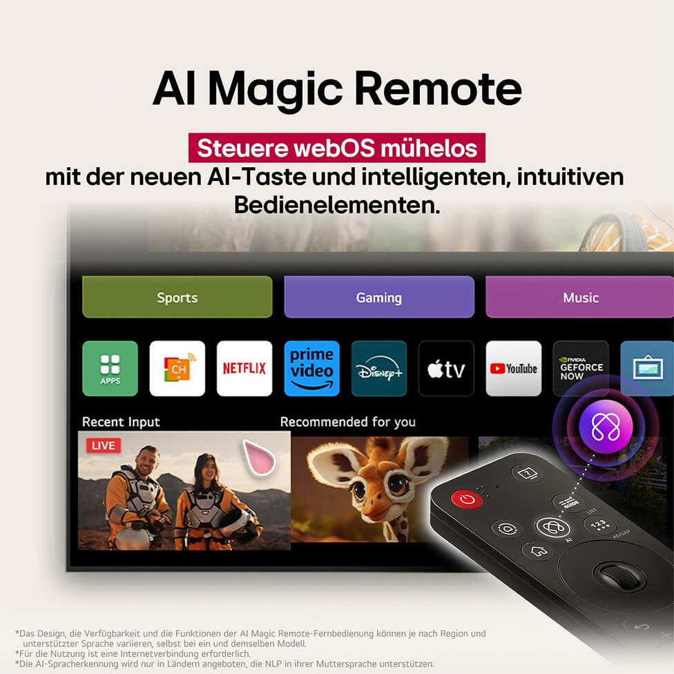 Eine AI Magic Remote mit TV-Oberfläche. Apps, Videos und Tasten der Fernbedienung sind sichtbar. Die Fernbedienung ist im Vordergrund.