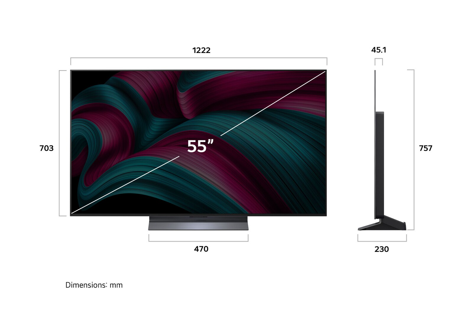 TV con dimensioni: 1222x703x45,1 mm. Lo schermo mostra un motivo ondulato verde e viola. È da 55 pollici.