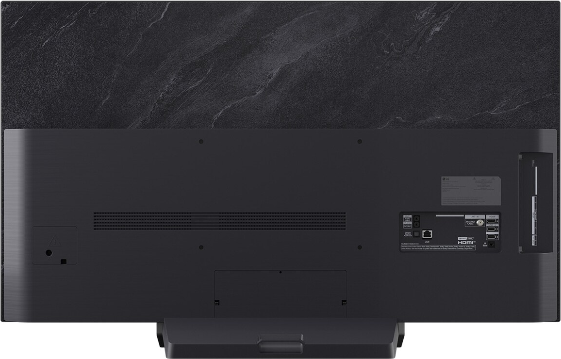 Rückansicht eines schwarzen LG OLED-Fernsehers. Es zeigt Anschlüsse, Lüftungsschlitze und einen Ständer. Die Oberseite hat eine strukturierte Platte.
