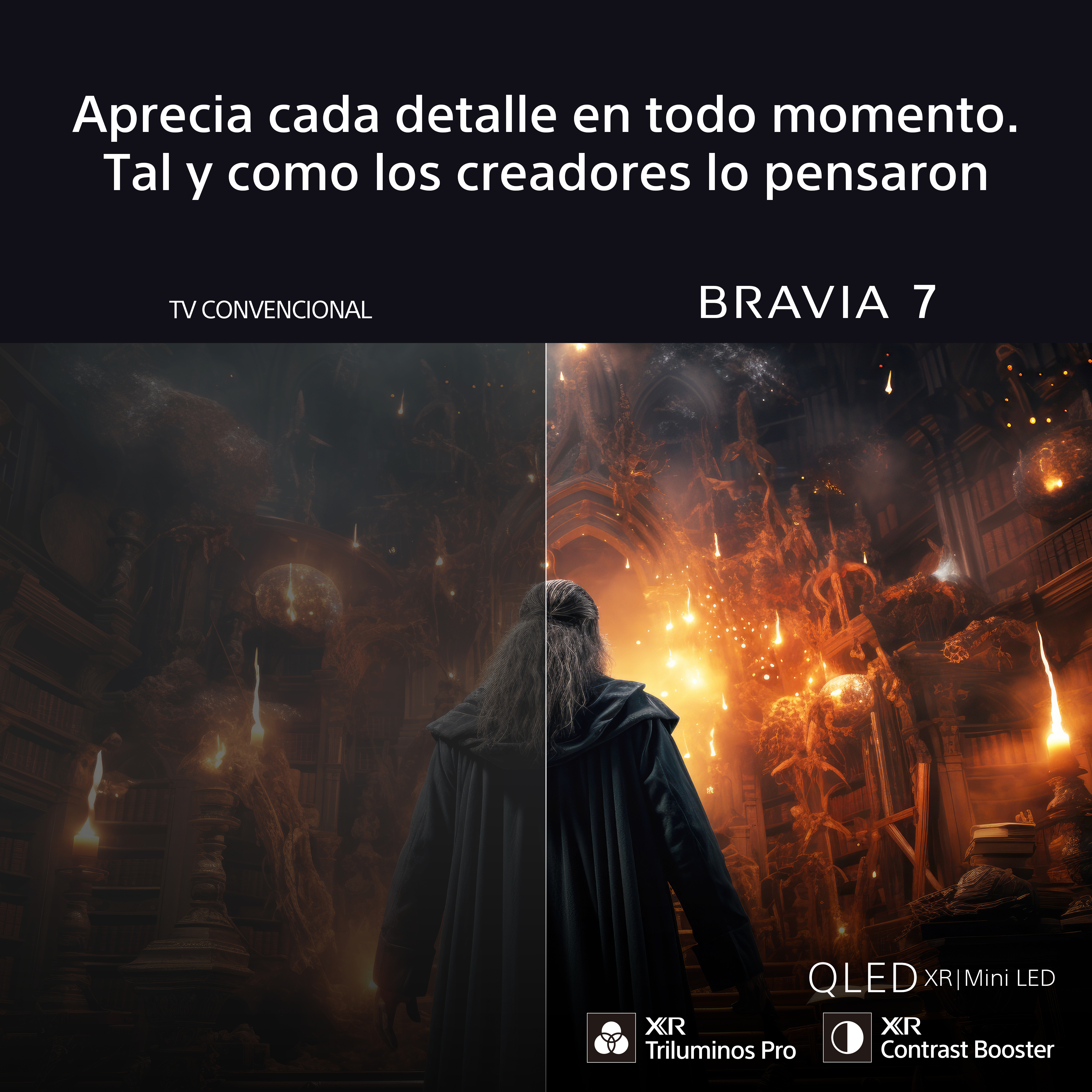 Una pantalla dividida muestra a una persona con una capa oscura. A la izquierda, una biblioteca tenue, y a la derecha, una escena ardiente.