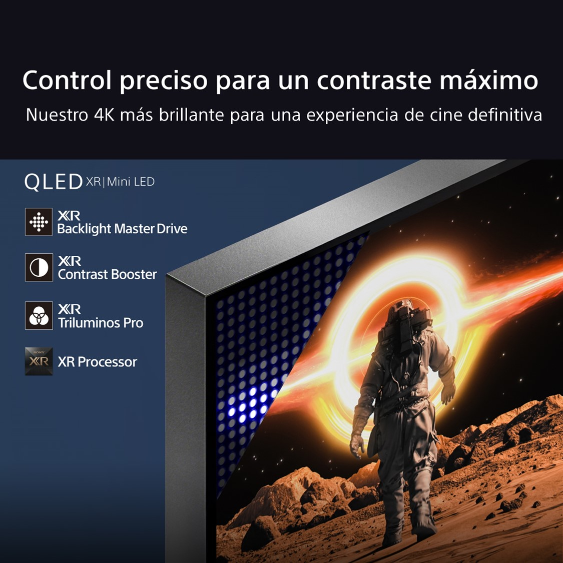 Un astronauta camina hacia una luz brillante. La imagen es una promoción para un televisor, que muestra características como contraste.