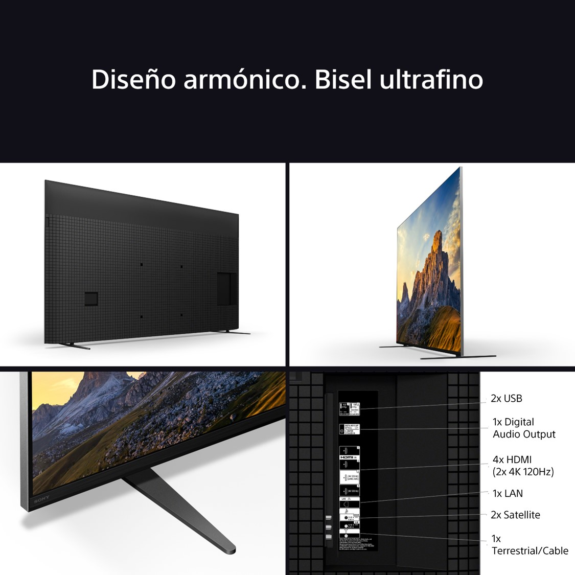 Un televisor Sony negro muestra diferentes ángulos: trasero, lateral y puertos. El texto dice: Diseño armónico. Bisel ultrafino, y detalles de puertos.