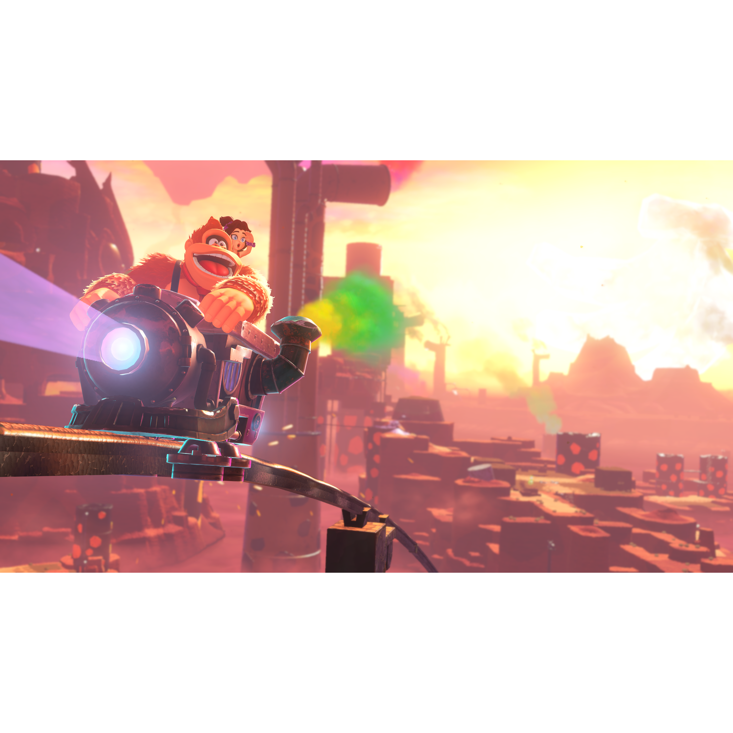 Donkey Kong and Diddy Kong on a weapon, with a city background, and green and purple smoke.