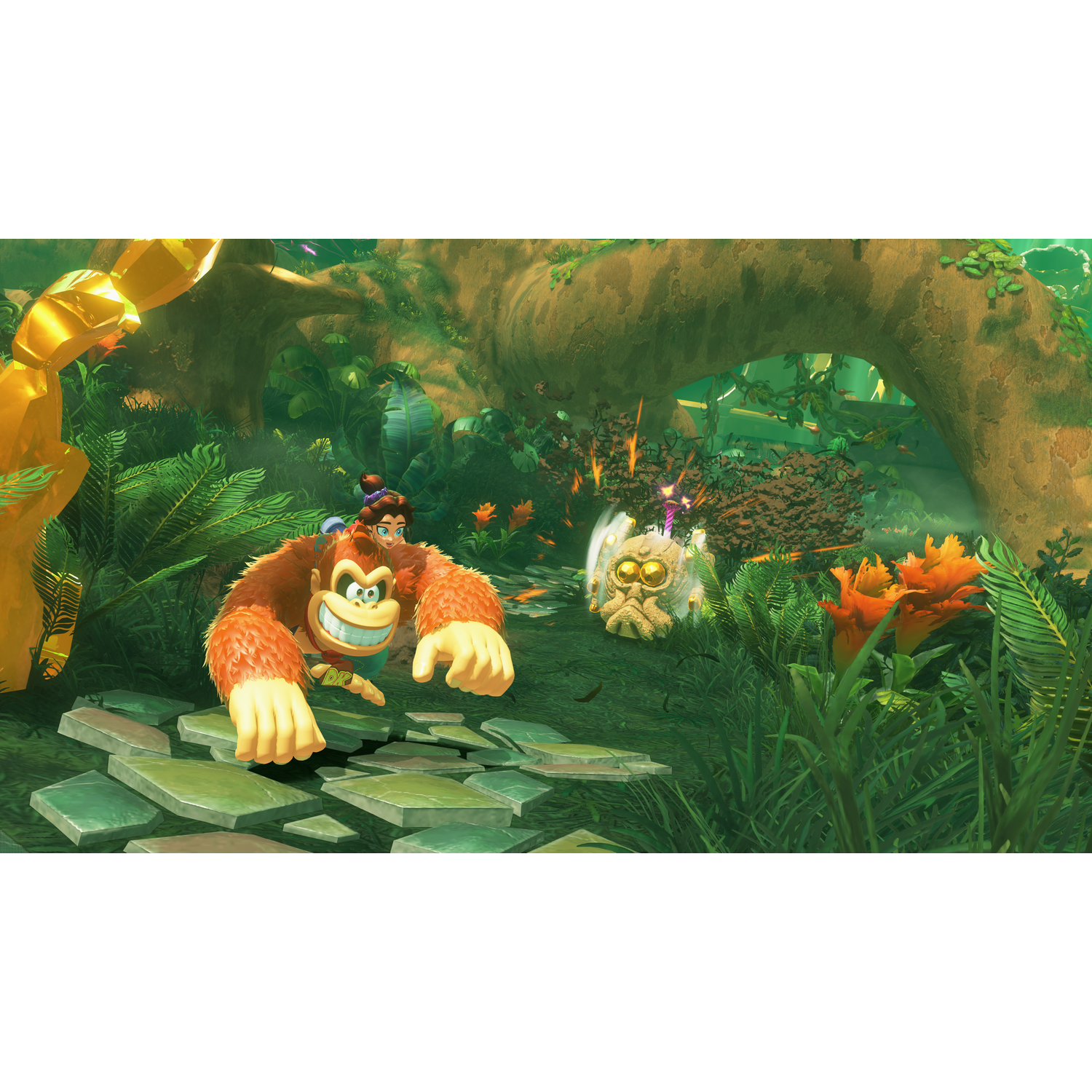Donkey Kong runs in a jungle. A white creature with yellow eyes is in the background. Orange flowers and green plants are around.