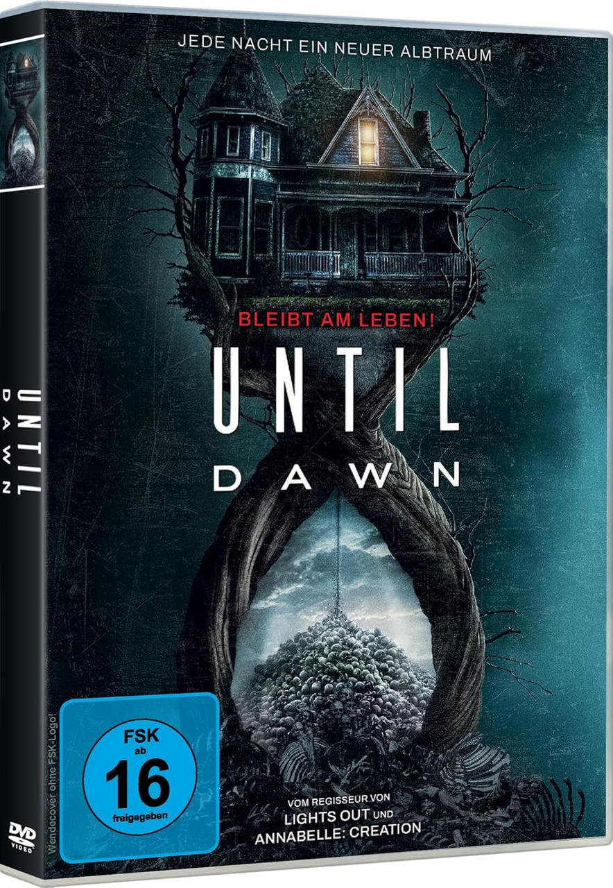 Filmcover: Ein Geisterhaus auf einem Baum, mit dem Titel 'UNTIL DAWN'. Eine dunkle Szene mit einem unheimlichen Gefühl.