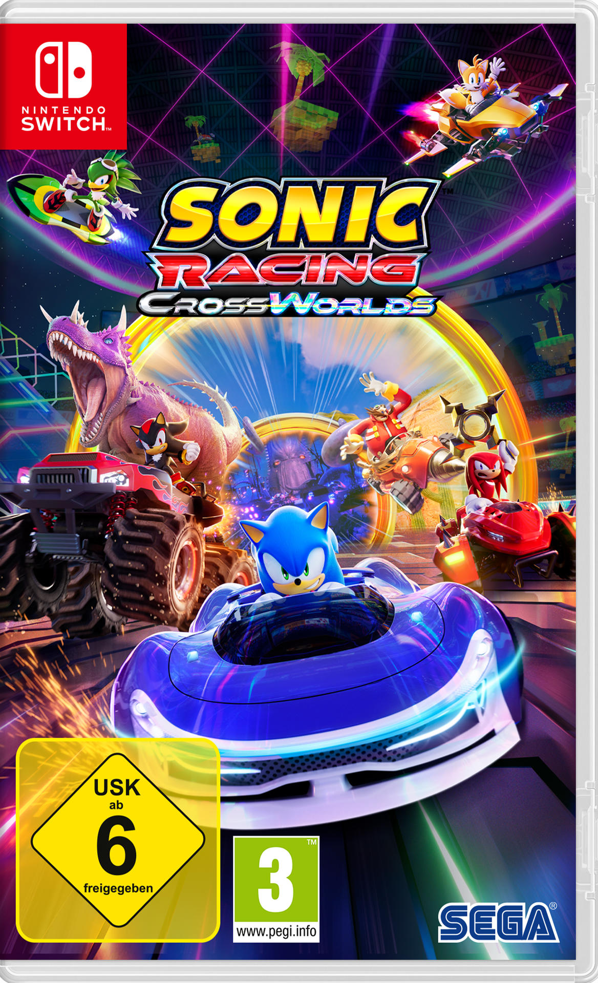 Sonic Racing CrossWorlds-Spielcover. Sonic in einem blauen Auto ist vorne. Andere Charaktere fahren in verschiedenen Fahrzeugen. Der Hintergrund ist bunt.