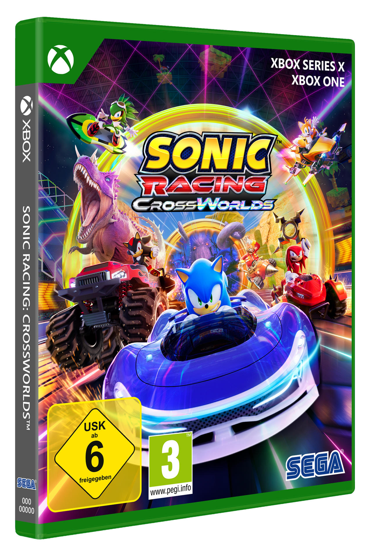 Spielcover für Sonic Racing: Crossworlds. Sonic im blauen Auto. Andere Charaktere rasen in Fahrzeugen. Dinosaurier und Logos vorhanden.