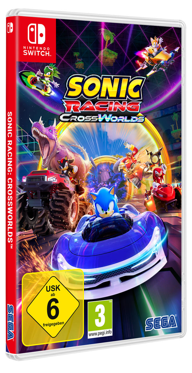 Spielcover. Sonic in einem blauen Auto, andere Charaktere rasen. Titel: Sonic Racing: CrossWorlds. Nintendo Switch Spiel mit Sega Logo.