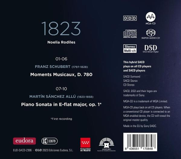 CD-Cover mit Text: 1823, Noelia Rodiles, Franz Schubert, Martín Sánchez Allú, Audio-Logos und einem Barcode.