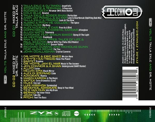 CD-Cover mit Trackliste der Technomusik. Enthält Albumtitel, Künstlernamen und ein Techno-Club-Logo.