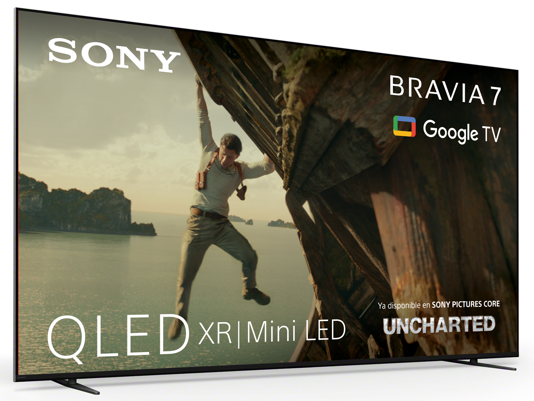 Un televisor Sony Bravia 7 muestra a un hombre escalando, con el logotipo de Uncharted. Tiene tecnología QLED XR Mini LED.