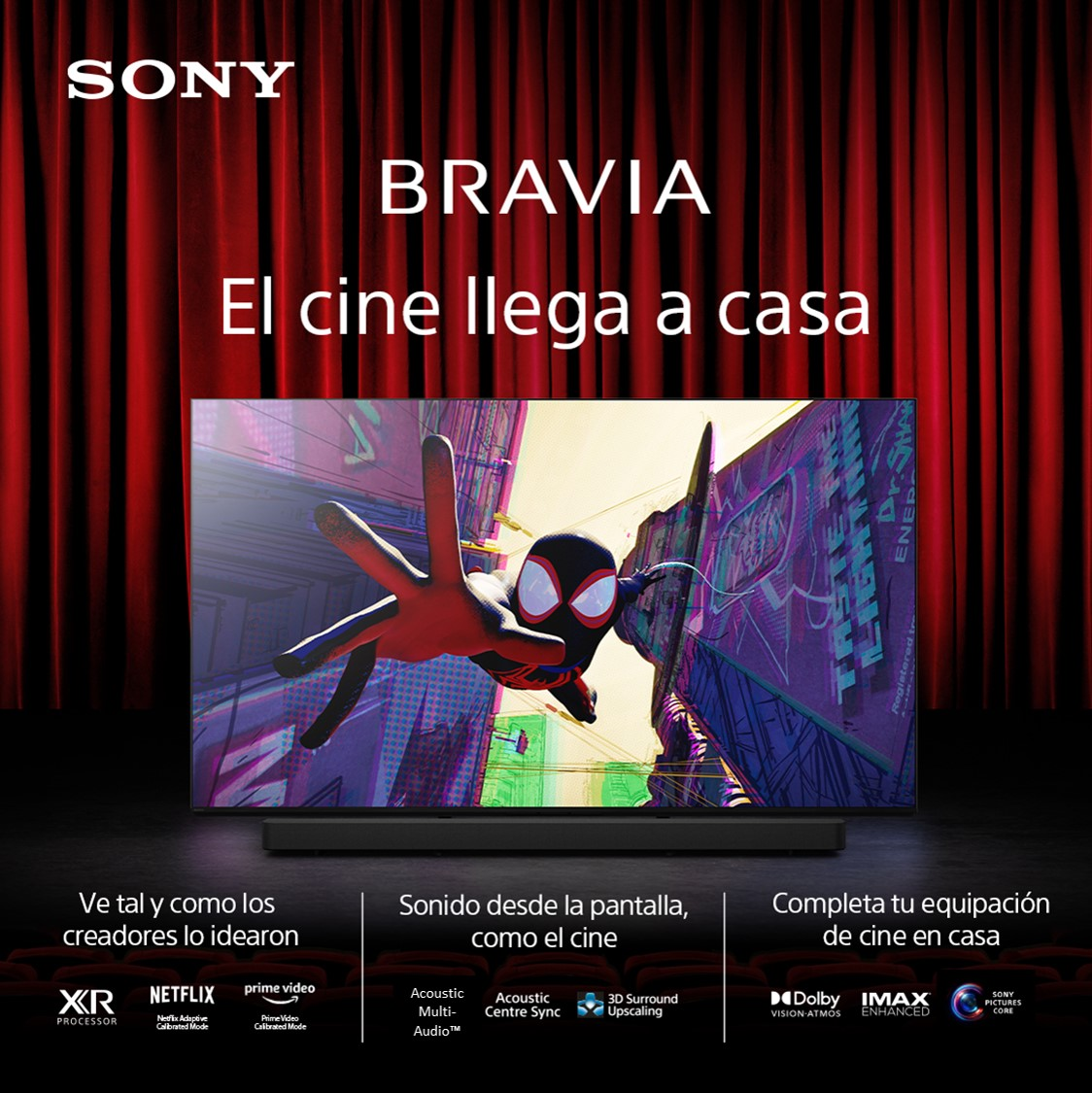 Anuncio de TV Sony Bravia. Spider-Man en pantalla, fondo de cortina roja. Incluye Dolby, IMAX y Sony Pictures Core.
