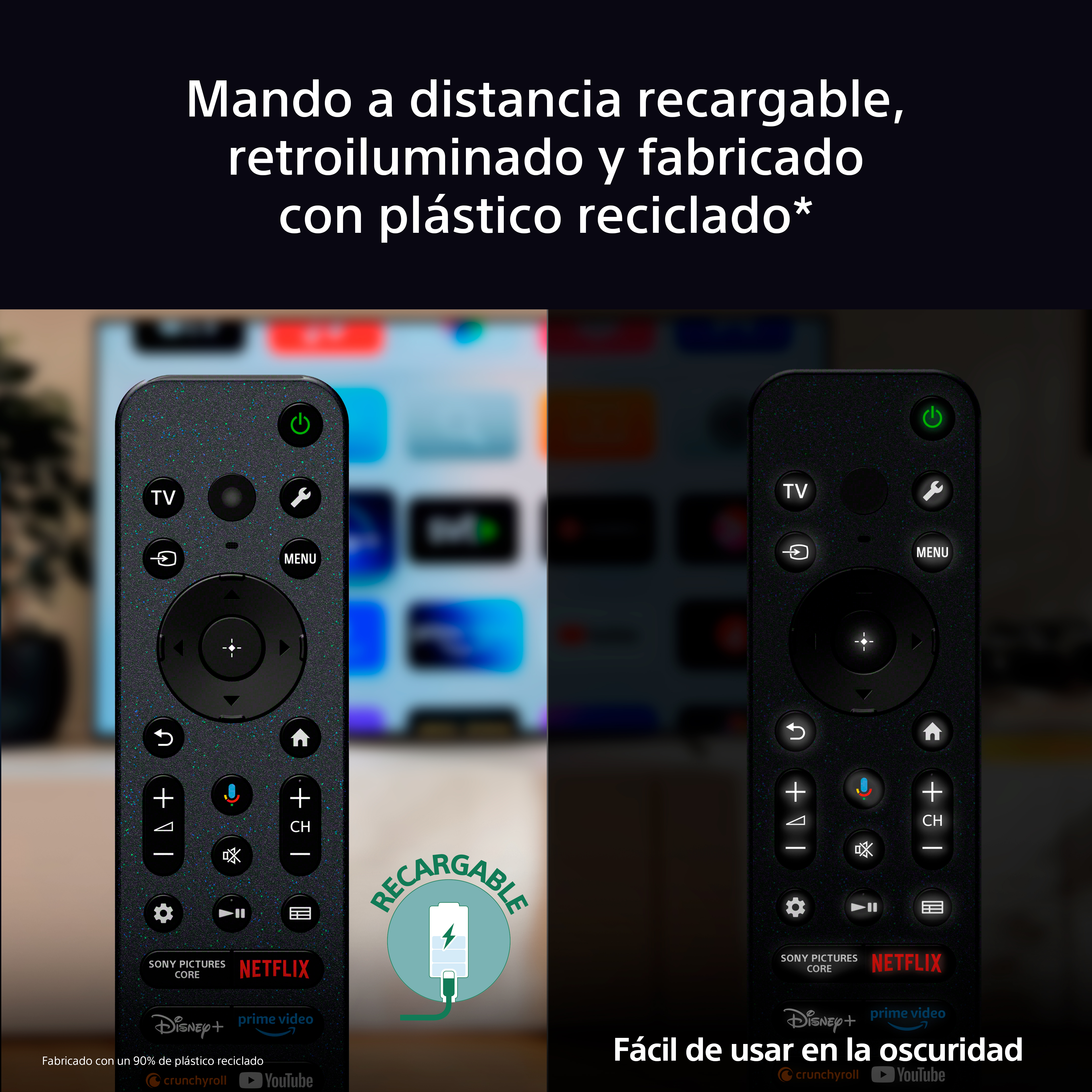 Dos mandos a distancia, uno iluminado. Texto: recargable, retroiluminado y fabricado con plástico reciclado.