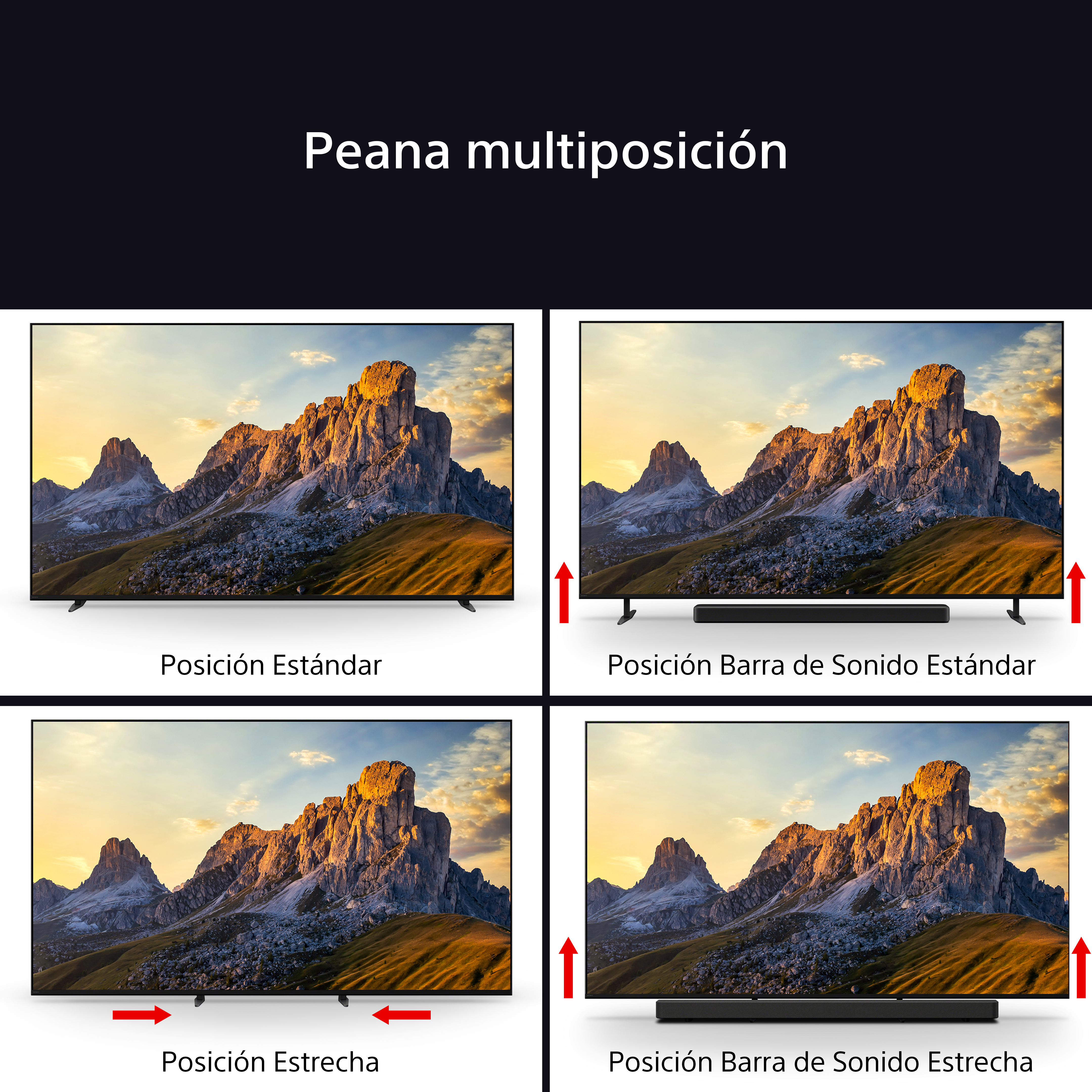 Cuatro pantallas de TV con escenas de montaña, mostrando diferentes posiciones de soporte: estándar, barra de sonido estándar, estrecha y barra de sonido estrecha.