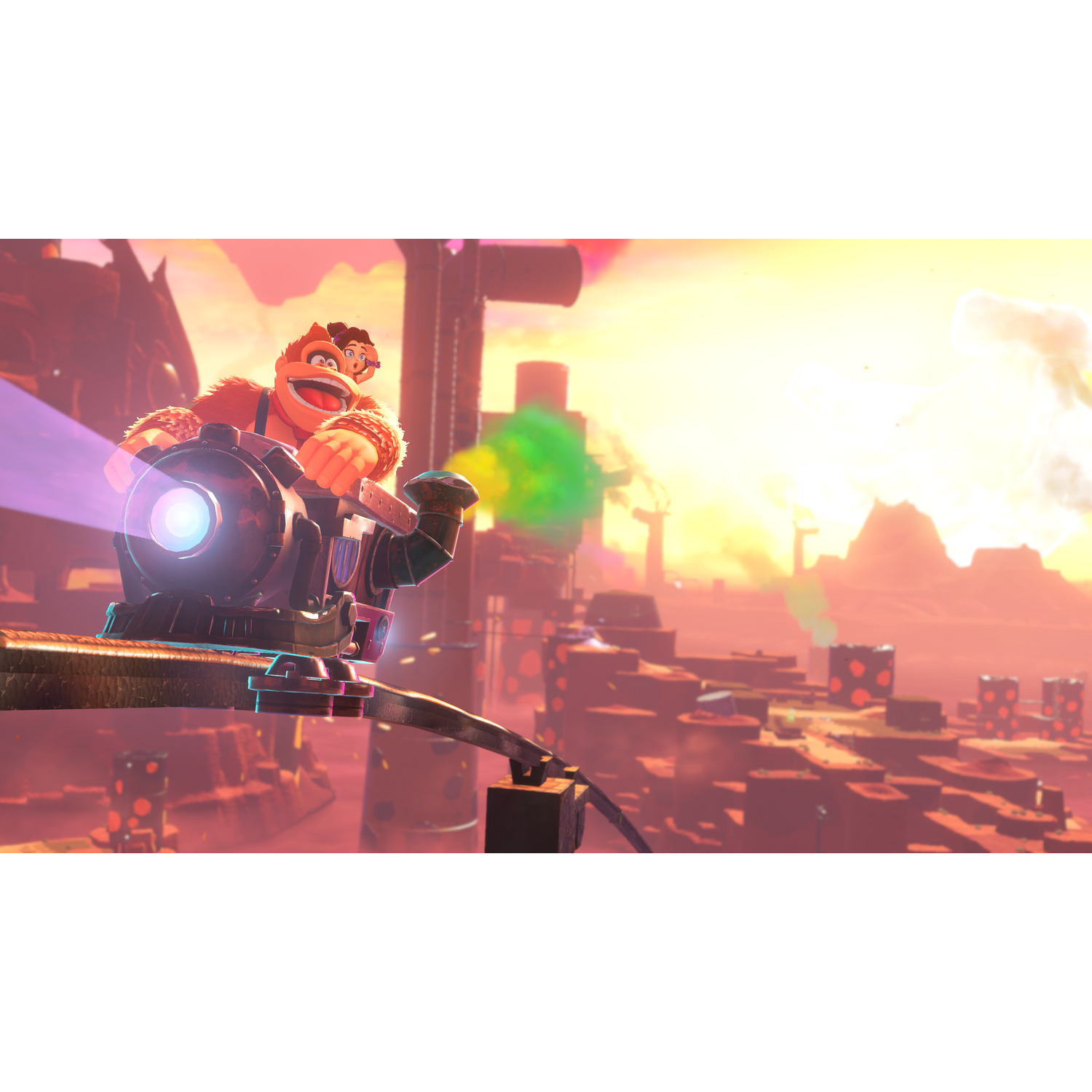 Donkey Kong en een vriend bedienen een wapen en schieten paarse en groene energie af. De achtergrond toont een rood landschap onder een gele hemel.