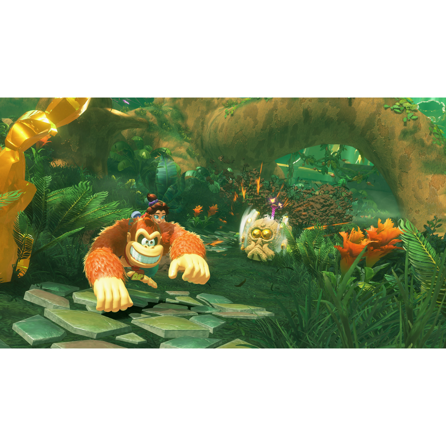 Donkey Kong in een jungleomgeving met een personage op zijn rug. Een grote stenen structuur en andere jungle-elementen op de achtergrond.