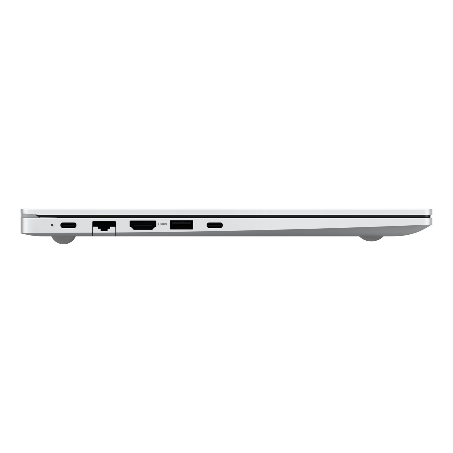 Side view of a silver laptop showing ports including USB-C, HDMI, and an ethernet port. The laptop is on a white background.