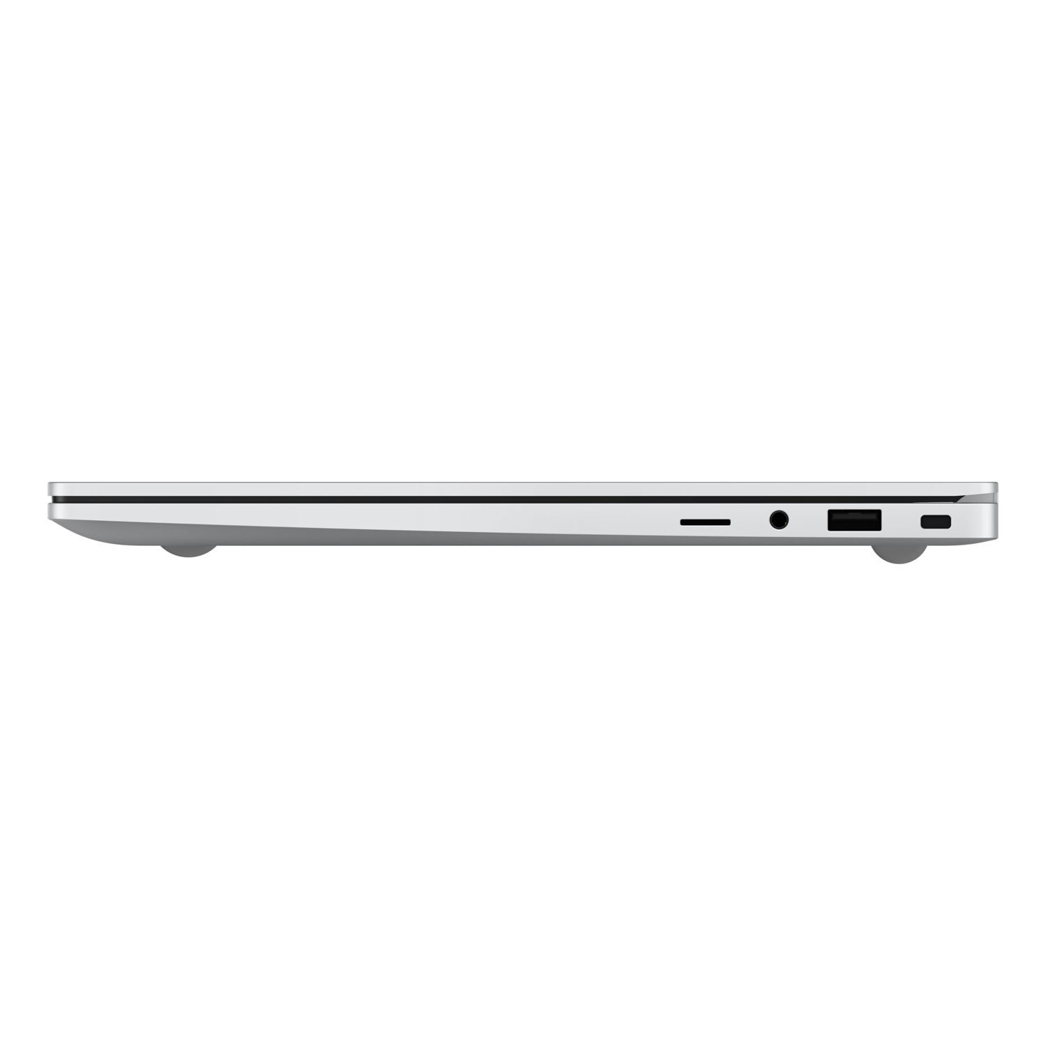 Side view of a silver laptop. Visible are ports, including USB and audio, a power button, and a charging port.