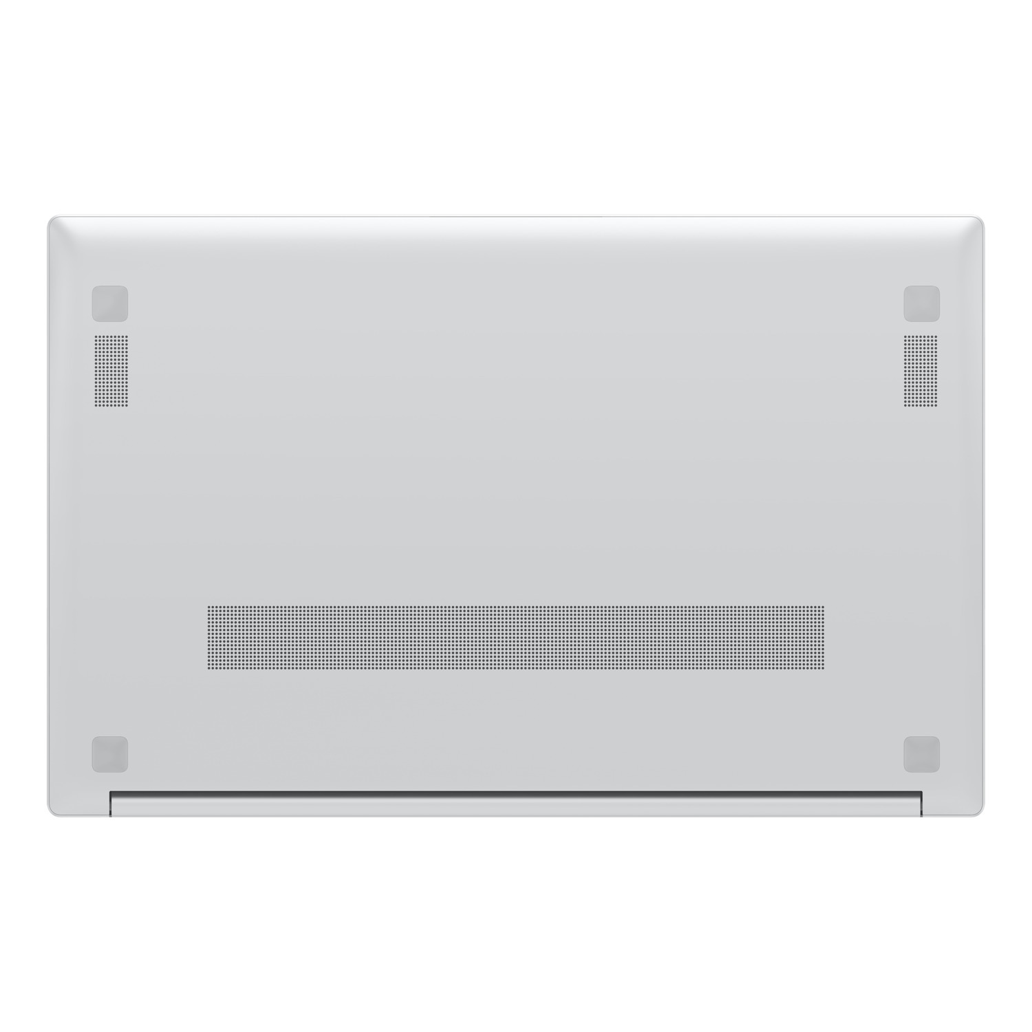 A white laptop's underside is shown, featuring speaker grilles and small square rubber feet. The laptop is closed.