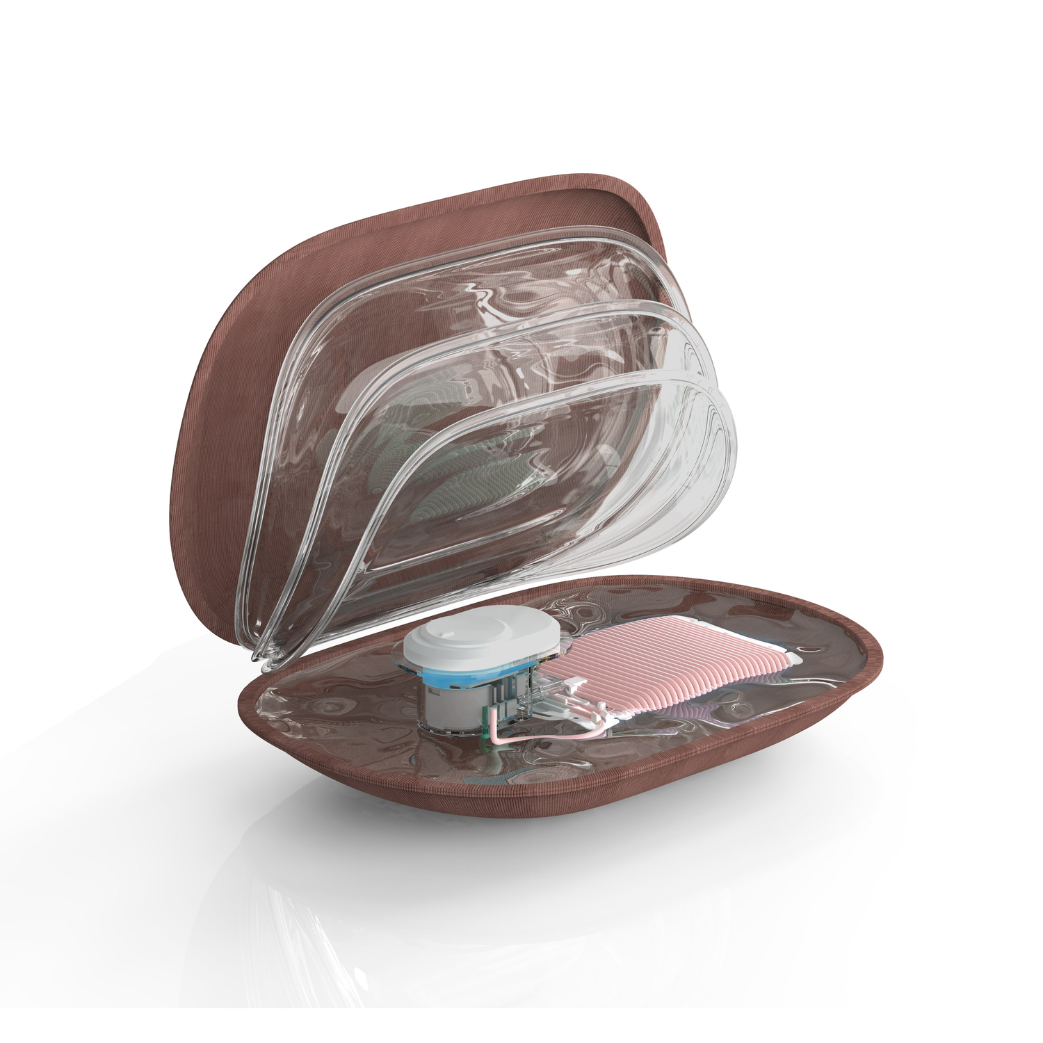 Een geopende bruine clamshell met heldere, gebogen lagen. Binnenin is een apparaat met een witte bovenkant en een roze, getextureerd oppervlak zichtbaar.