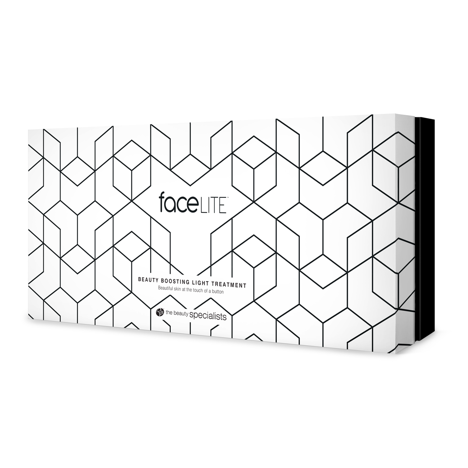 A white box with a black geometric pattern. It says 'faceLITE' and 'BEAUTY BOOSTING LIGHT TREATMENT'. The Beauty Specialists logo is present.