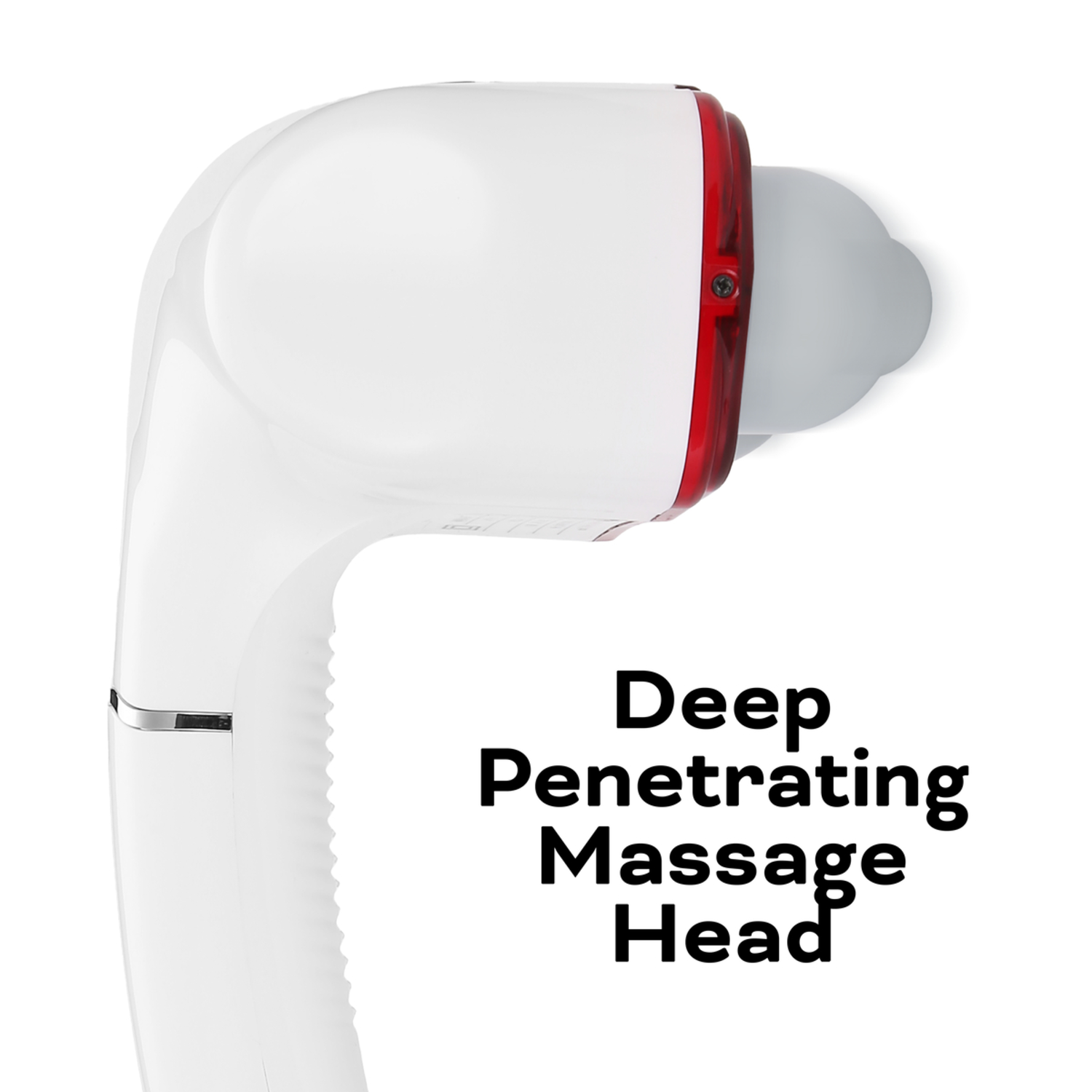 Een witte massagekop met een rood omrand gedeelte. De kop heeft een afgeronde punt. Tekst: Deep Penetrating Massage Head.