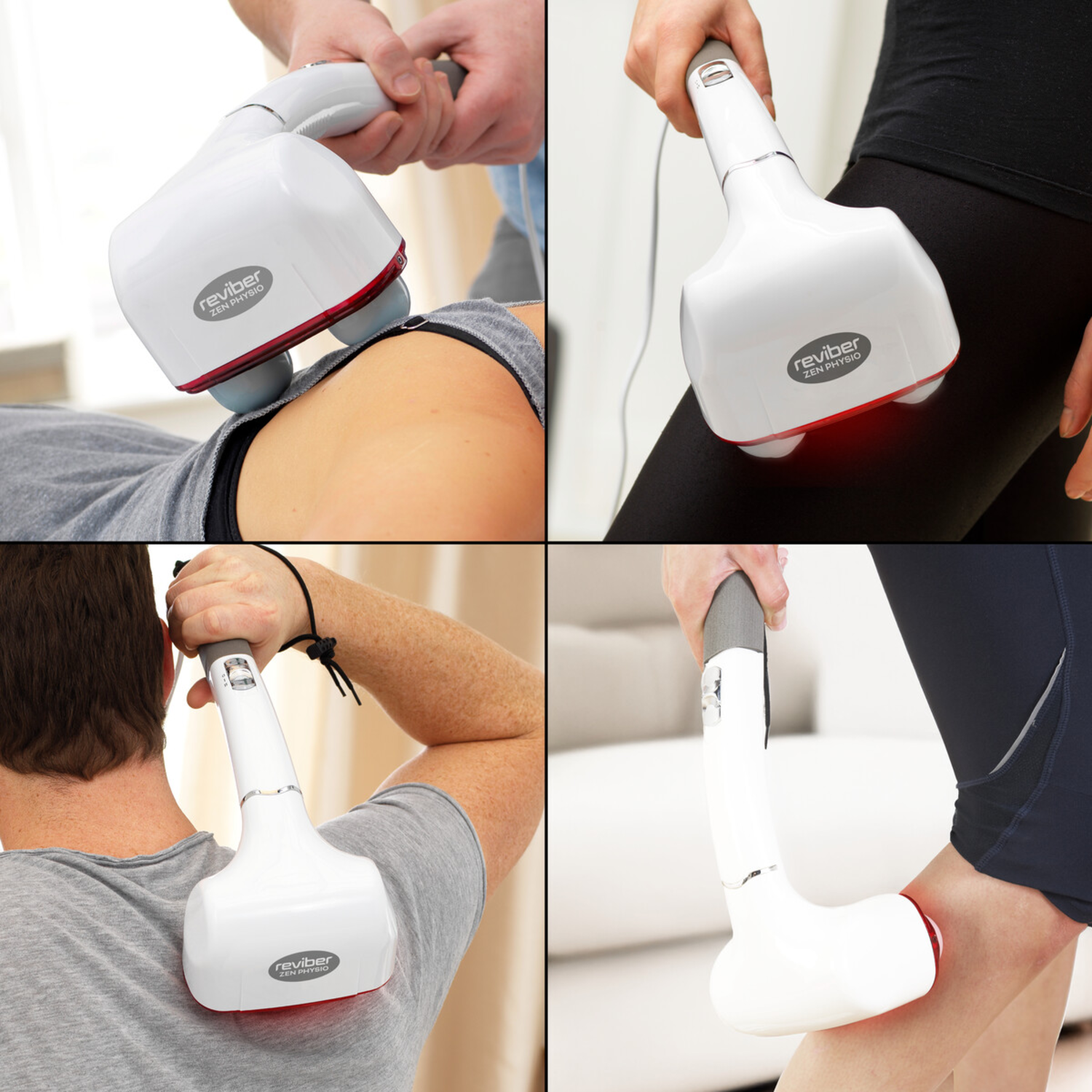 Een witte Reviber Zen Physio-massager wordt gebruikt op verschillende lichaamsdelen: dij, rug en enkel. De massager heeft rode en blauwe delen.
