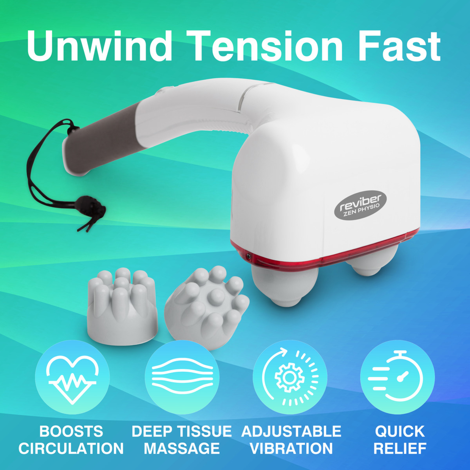 Een witte en grijze massage tool, met twee opzetstukken en iconen voor circulatie, massage, vibratie en snelle verlichting. Tekst: 'Unwind Tension Fast'.