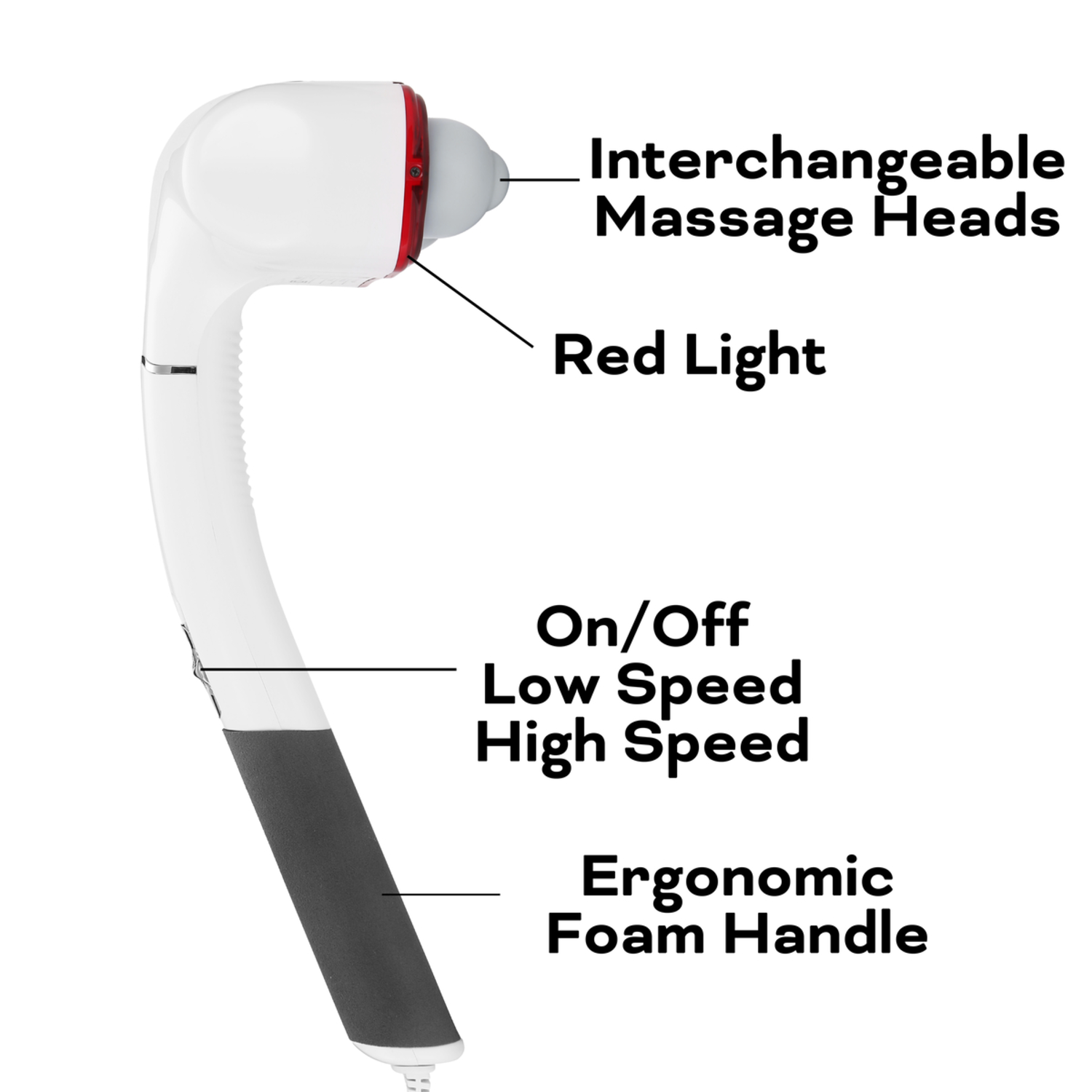 Een wit massage-apparaat met verwisselbare koppen, een rood licht, snelheidsregelaars en een zwarte ergonomische schuimrubberen handgreep.