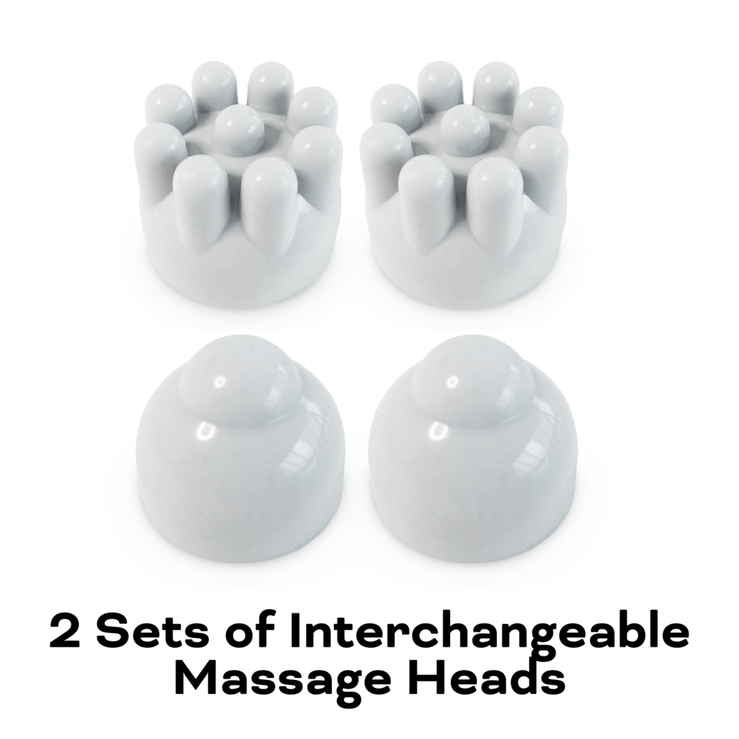 Afbeelding toont twee sets witte massagekoppen. Bovenste koppen zijn bloemvormig, onderste zijn rond. Tekst onderaan luidt: '2 Sets of Interchangeable Massage Heads'.