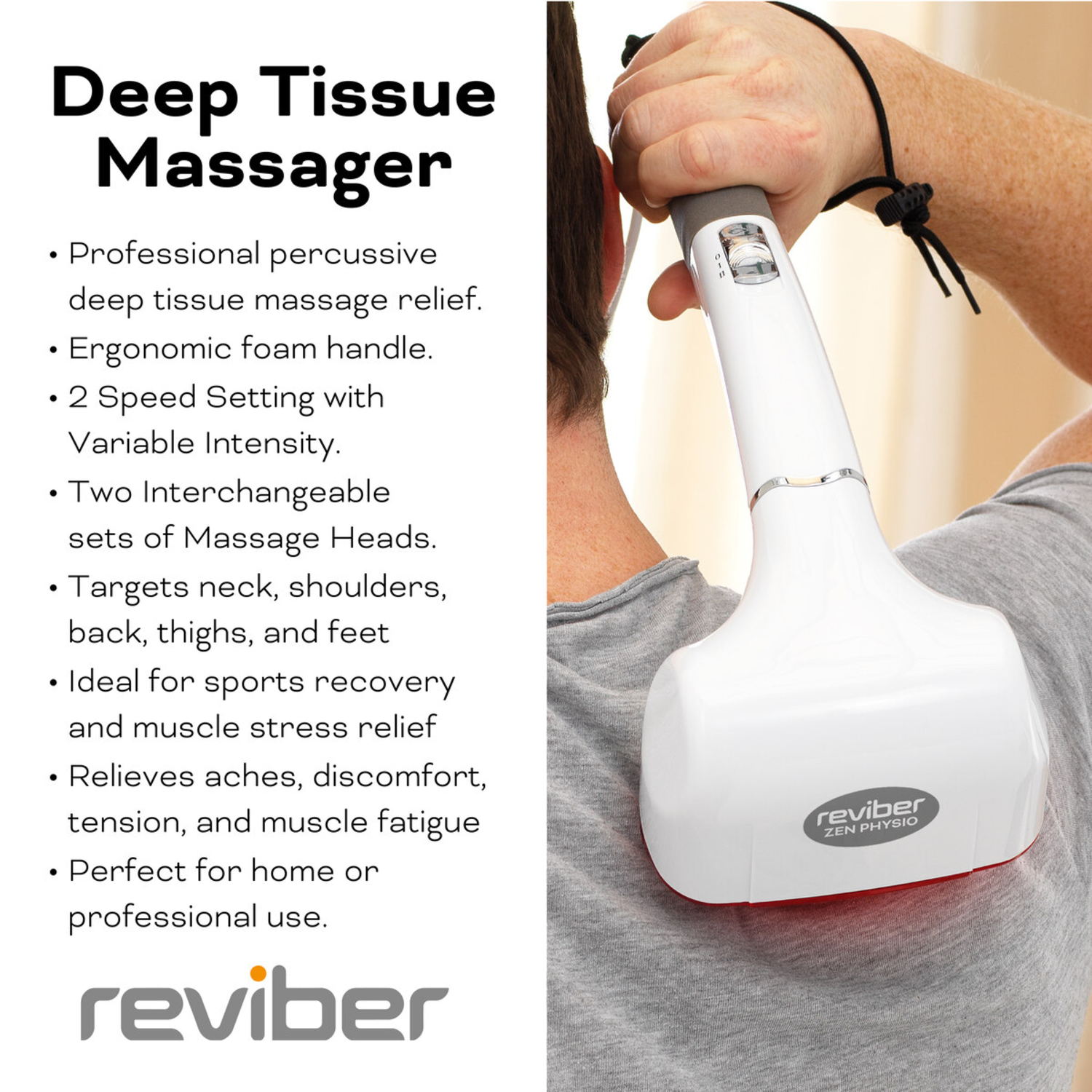 Een witte deep tissue massager wordt gebruikt op de schouder van een persoon. Tekst links beschrijft de kenmerken en voordelen.