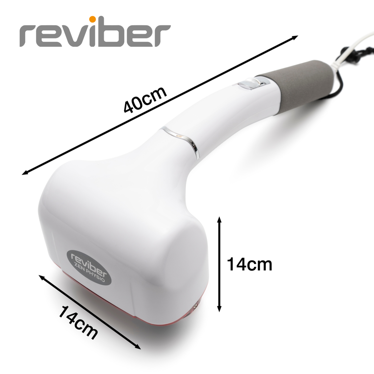 Een witte Reviber Zen Physio-massager. Het is 40 cm lang en 14 cm breed. Het heeft een grijze handgreep en een zwart snoer.