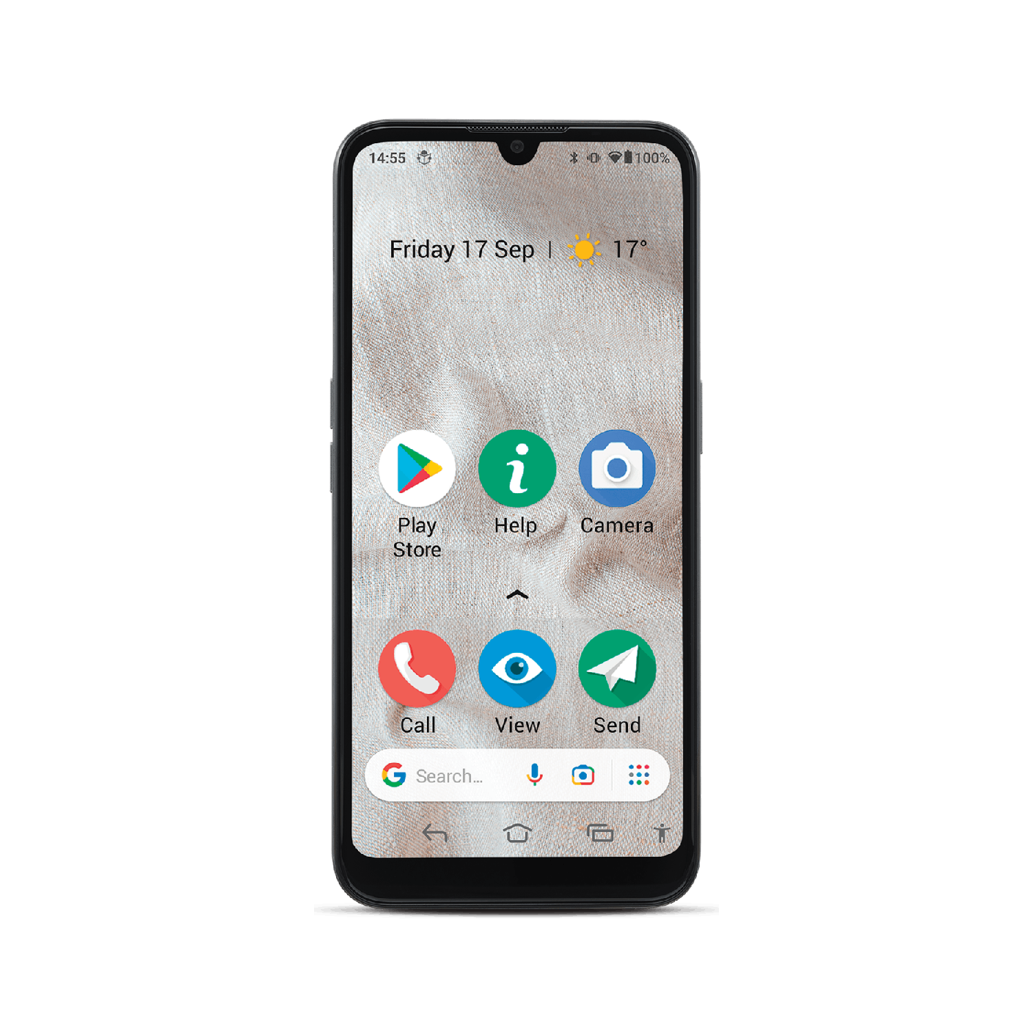Smartphone screen displaying icons for Play Store, Help, Camera, Call, View, and Send. Shows time, date, and temperature.