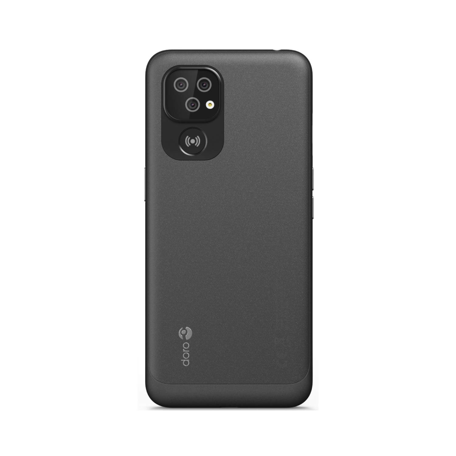 A dark gray phone case with a camera module and the Doro logo. The case has a textured surface for grip and protection.