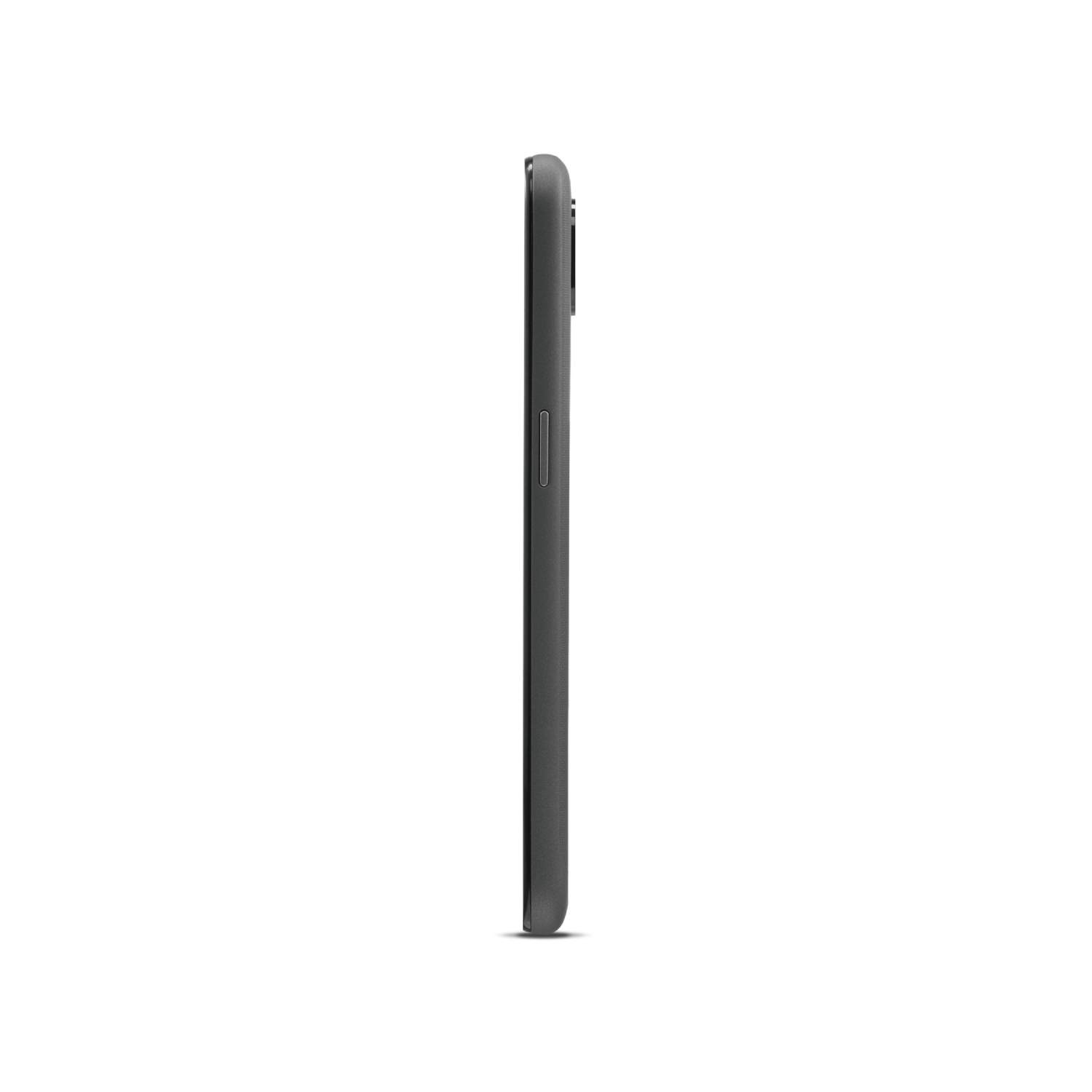 A dark gray smartphone viewed from the side, set against a white background. The power button is visible.