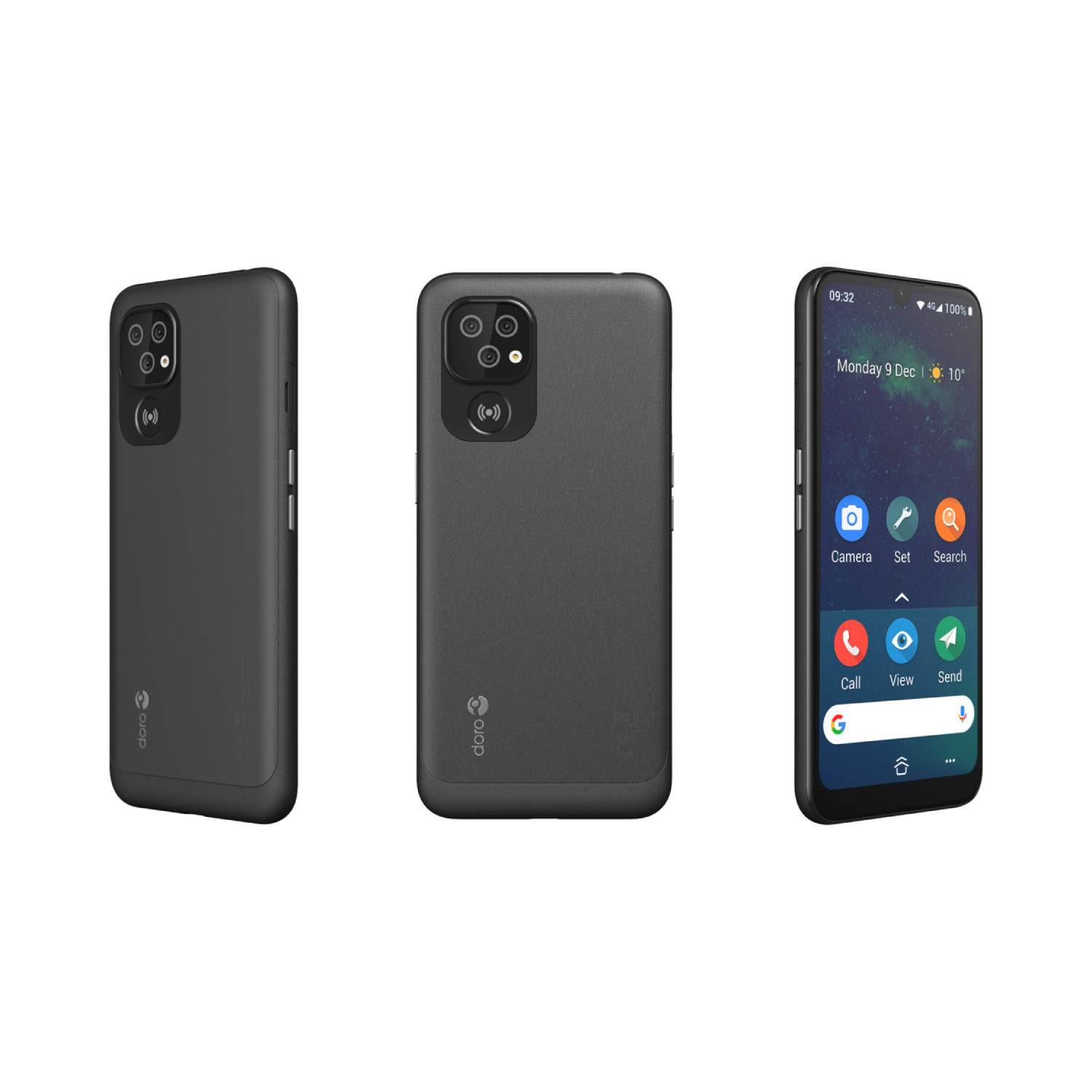 Three dark gray Doro smartphones, one showing a screen with icons, one with its back and the other with its side.