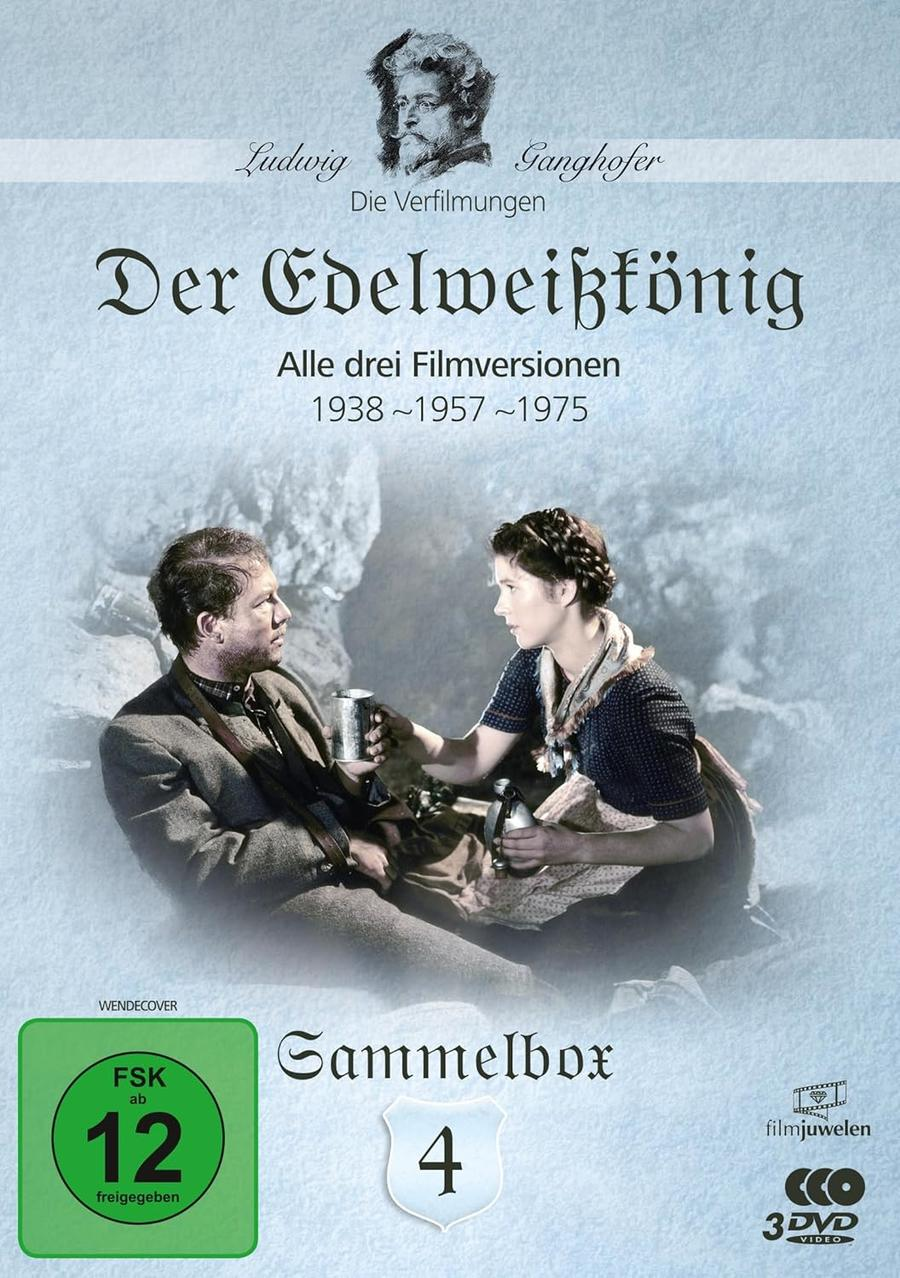 Filmcover mit Mann und Frau, Titel "Der Edelweißkönig". Enthält FSK 12 Bewertung und "Sammelbox 4". Das Bild zeigt eine Filmszene.
