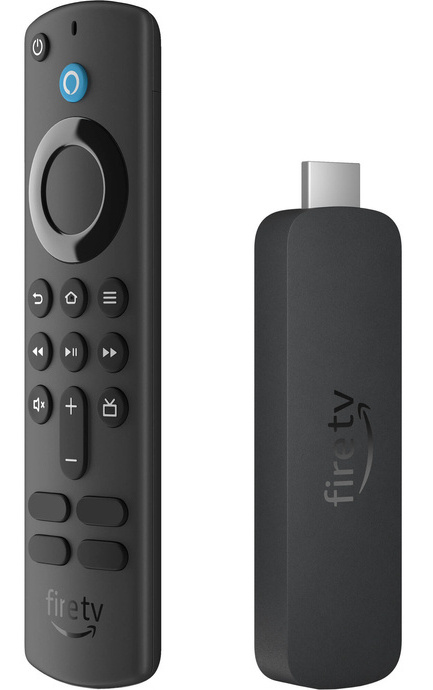 Czarny pilot i urządzenie streamingowe Fire TV. Pilot ma przyciski, pierścień i przycisk Alexa. Urządzenie ma złącze USB.