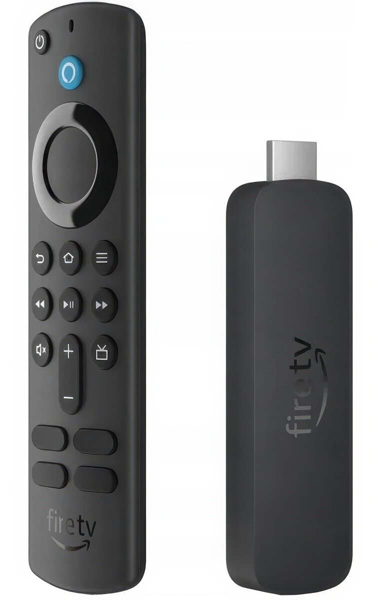 Czarny pilot i urządzenie do streamingu Fire TV. Pilot ma wiele przycisków. Urządzenie ma logo Fire TV.