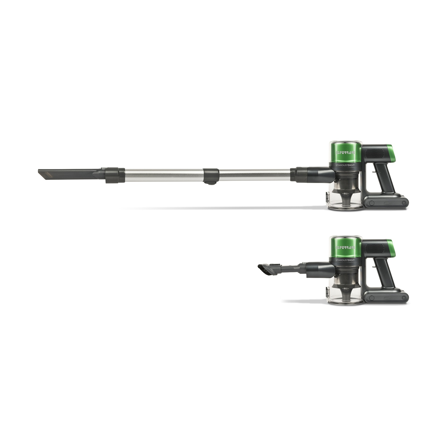 Due aspirapolvere cordless su bianco. Uno assemblato, uno compatto. Nero, argento e verde, con etichette. Entrambi su sfondo bianco.