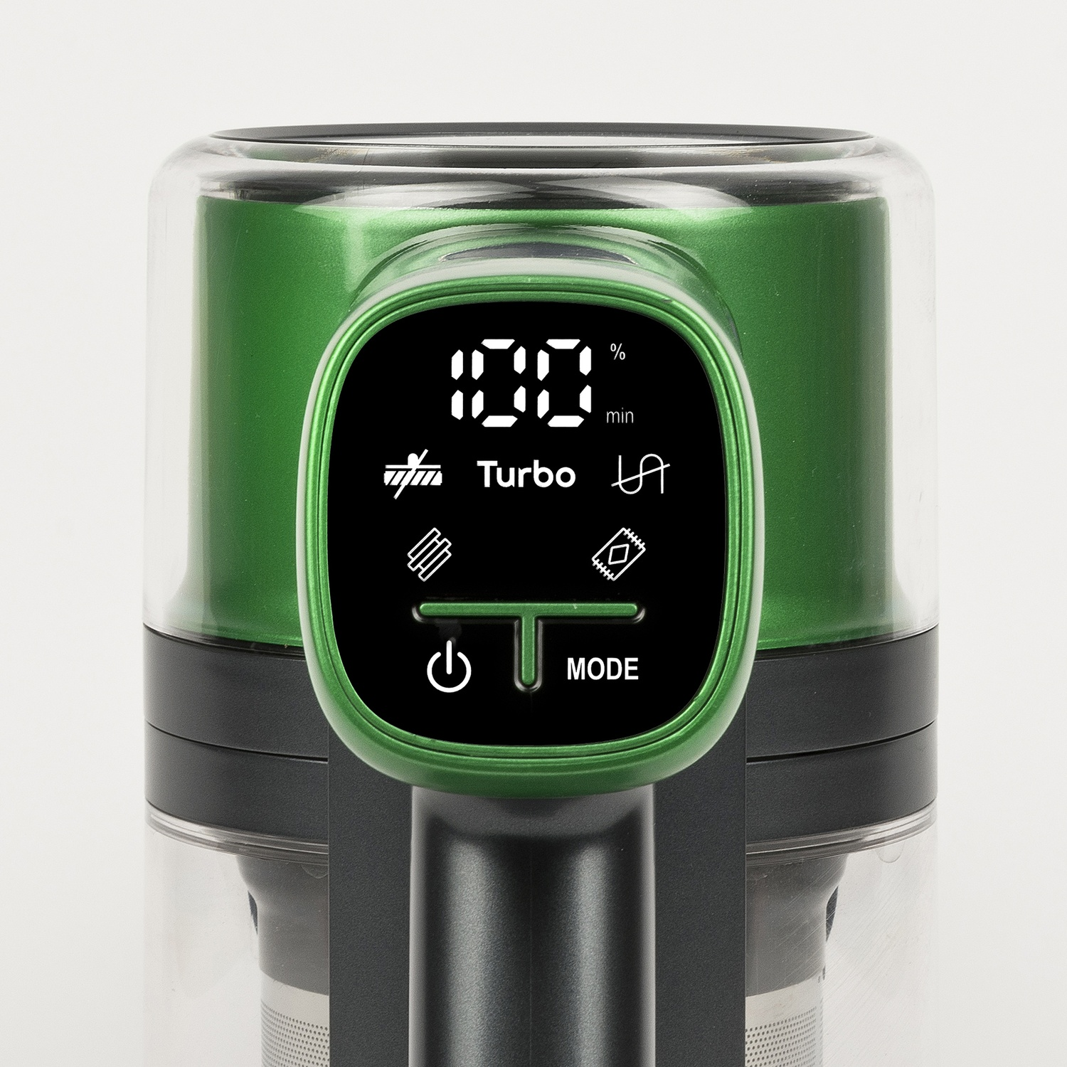 Un aspirapolvere verde con display digitale che mostra 100% e altre icone. Il display è circondato da una cornice verde.