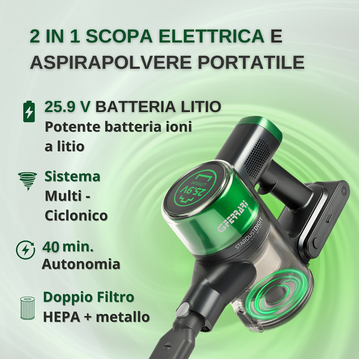 Immagine di un aspirapolvere senza fili nero e verde con testo che ne descrive le caratteristiche.