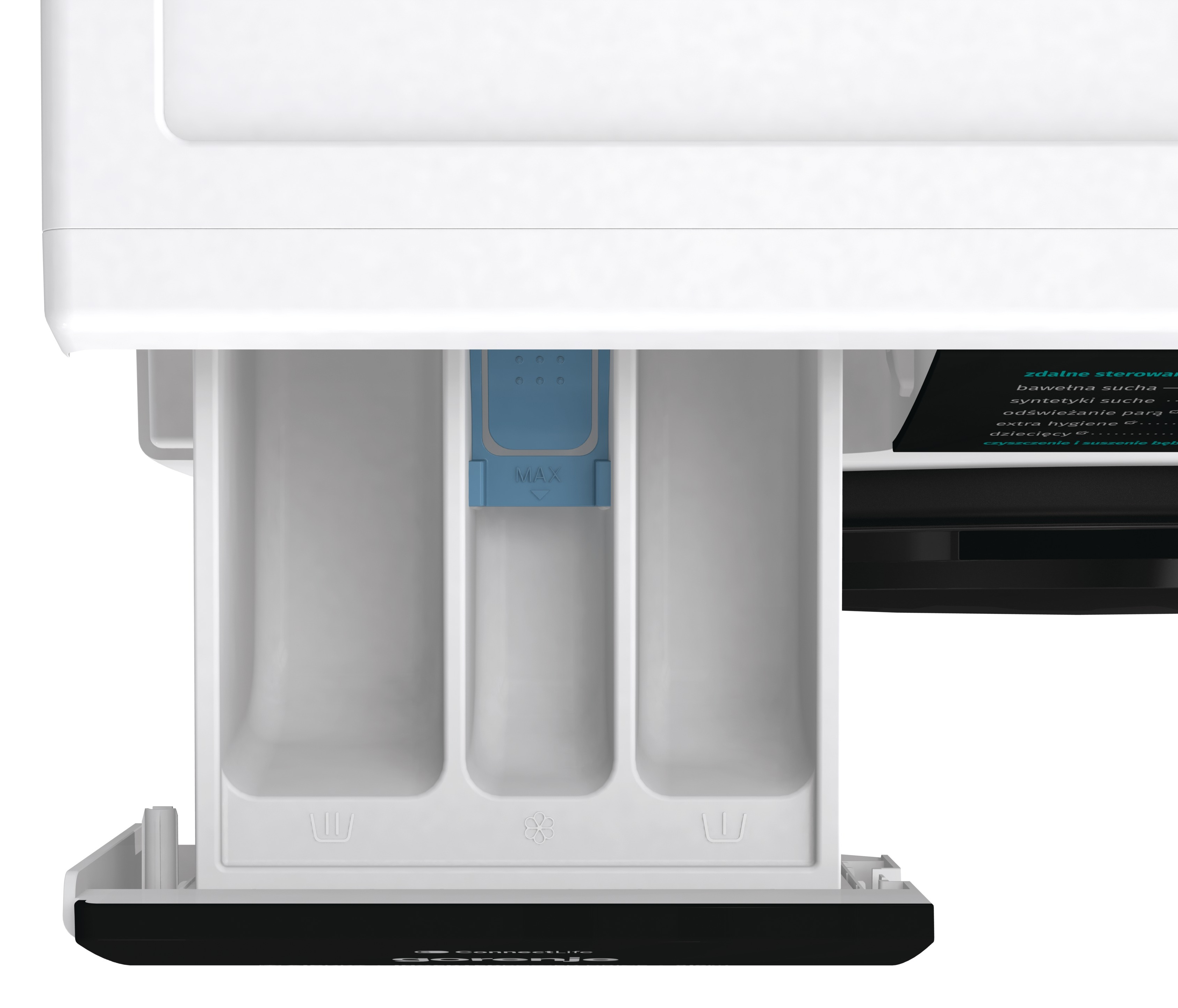 Zbliżenie szuflady pralki. Biały plastikowy pojemnik z trzema przegrodami, niebieską wkładką i czarną podstawą.