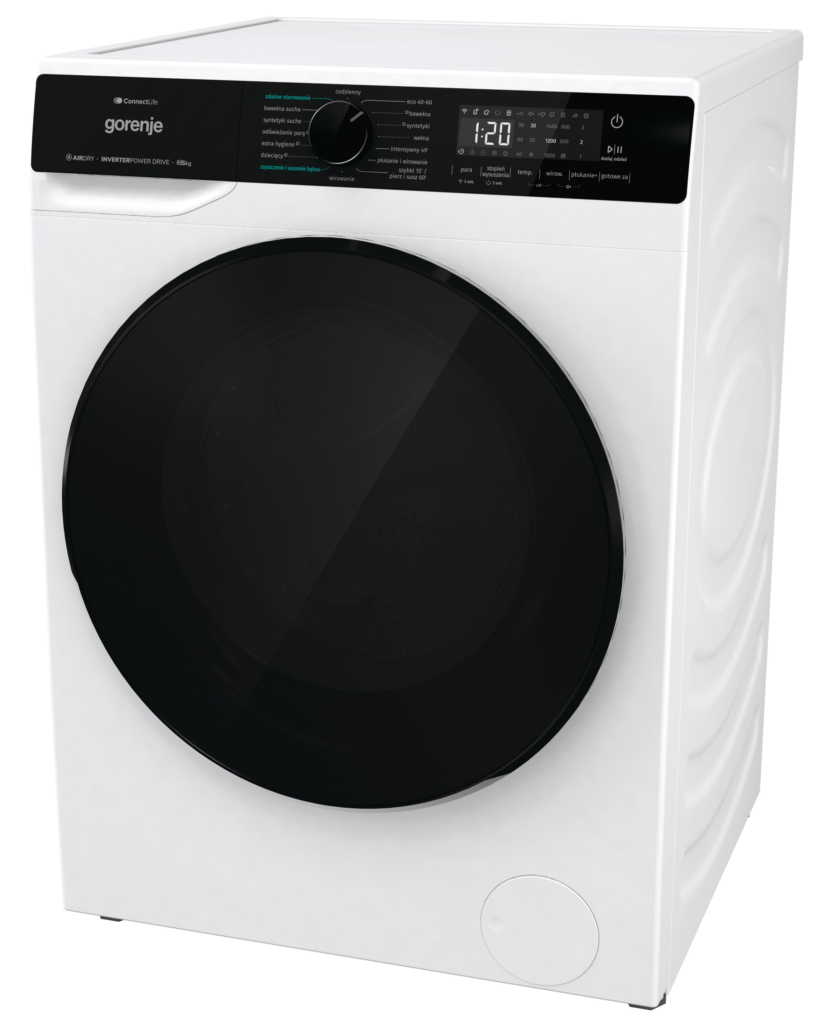 Biała pralka z czarnymi drzwiami. Ma panel sterowania i wyświetlacz z ustawieniami i czasem.