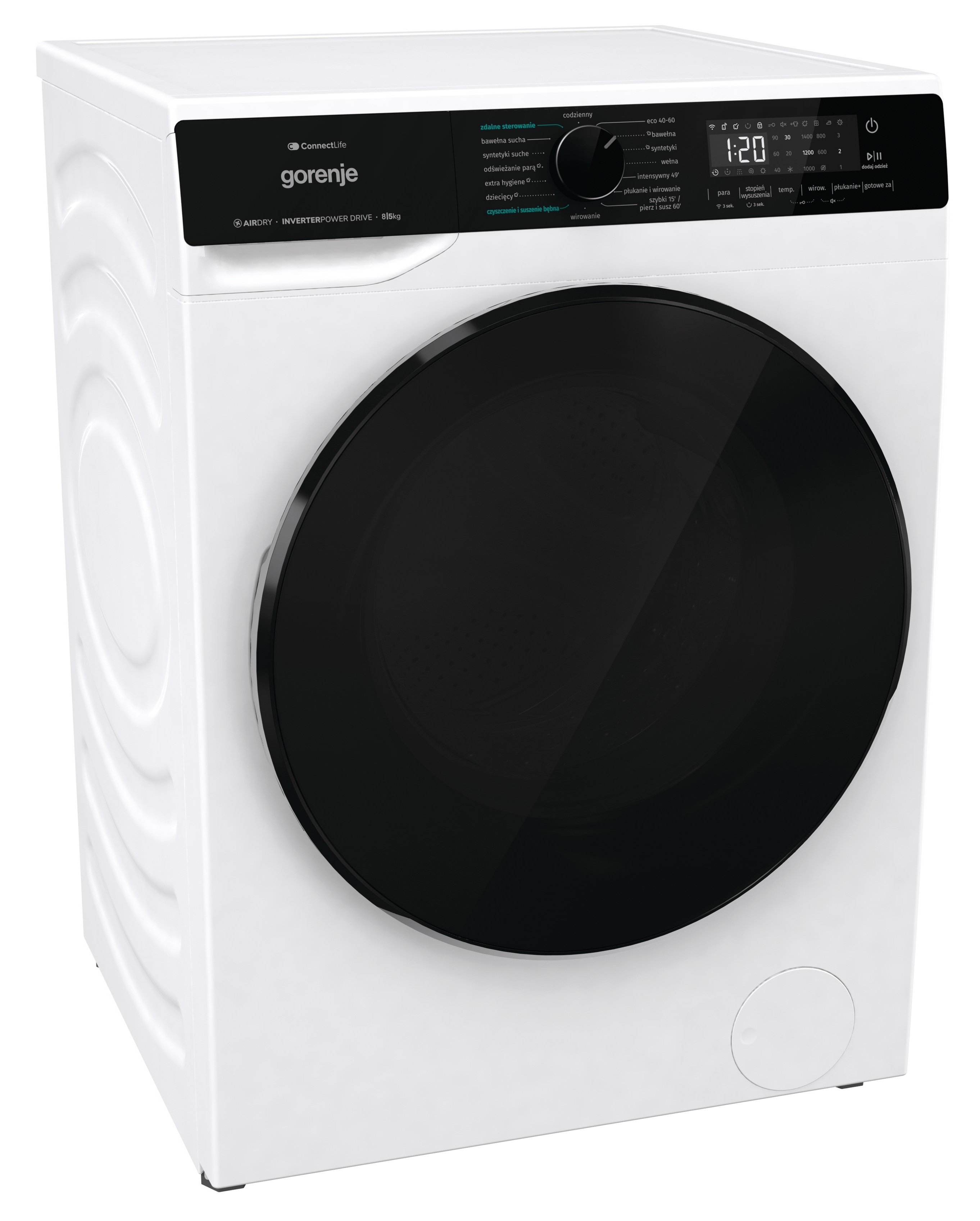 Biała pralka Gorenje z czarnymi drzwiami i panelem sterowania. Wyświetlany czas to 1:20.